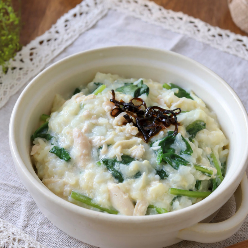 鶏ささみとほうれん草の豆乳クリームリゾット