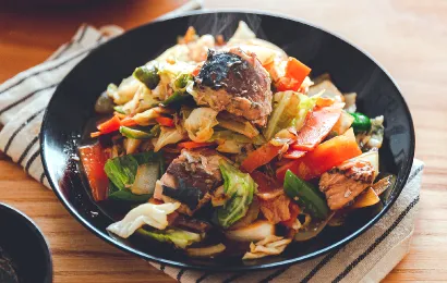 サバと野菜のガーリックバター醤油炒めの完成イメージ